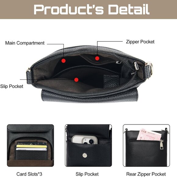 Small Leather Crossbody Bag for Women Multiple Pockets Compact Phone Purse - Picture 7 of 8